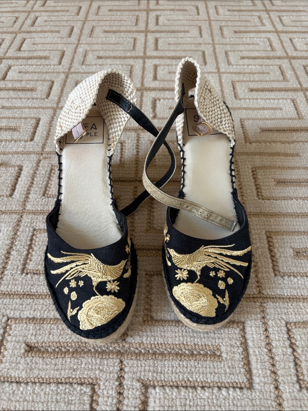 Black Espadrille Wedges with Gold Embroidered Motif